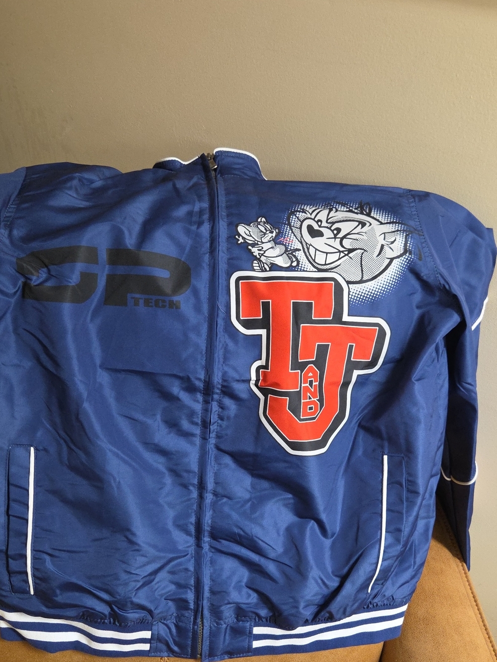 TOM AND JERRY Blue Bomber Jacket with Red TJ Graphic